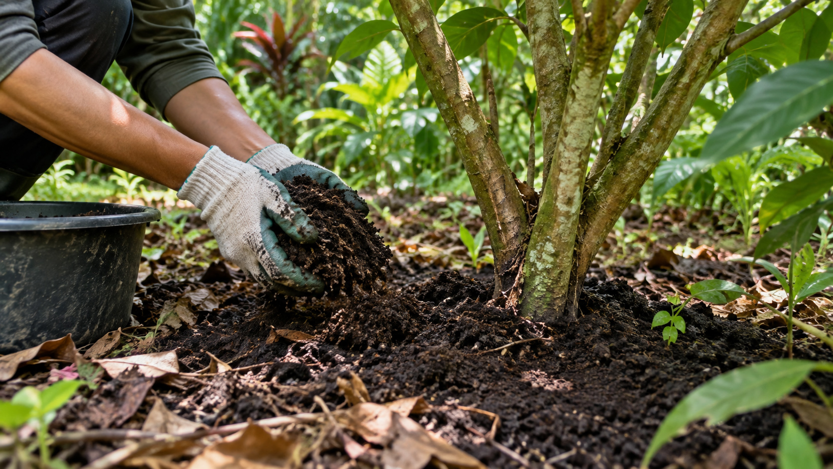 Adding compost around plants in a tropical garden