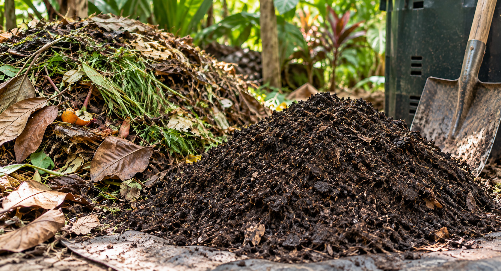Finished compost beside partially decomposed garden waste