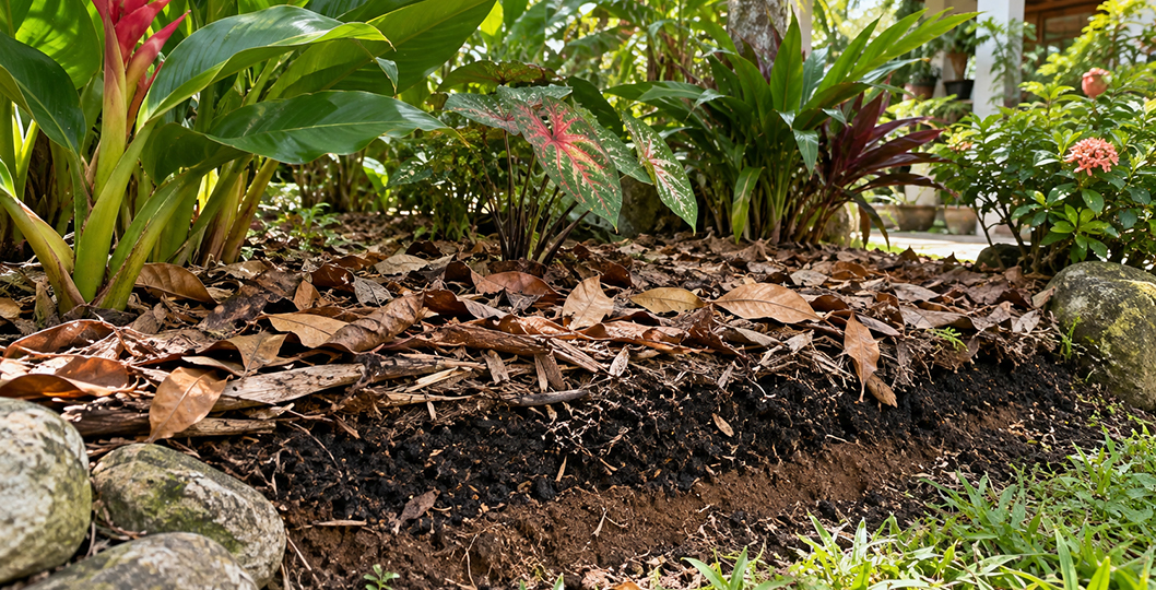 Compost and natural mulch layers in a tropical garden bed