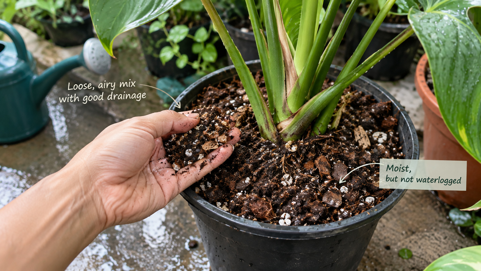 Checking moisture and drainage of potting mix in a tropical container plant