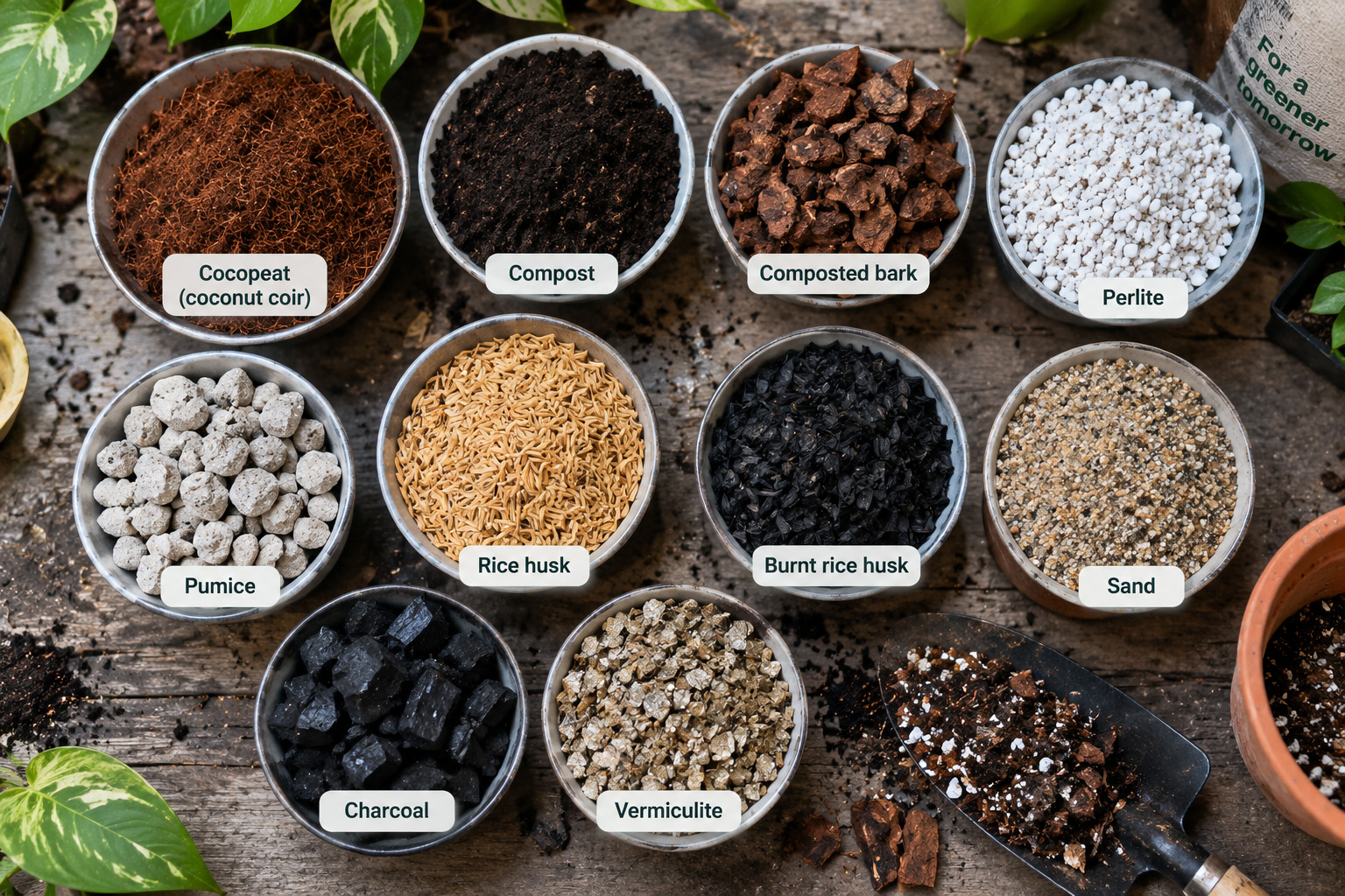 Common ingredients used in tropical potting mixes including cocopeat bark and mineral materials