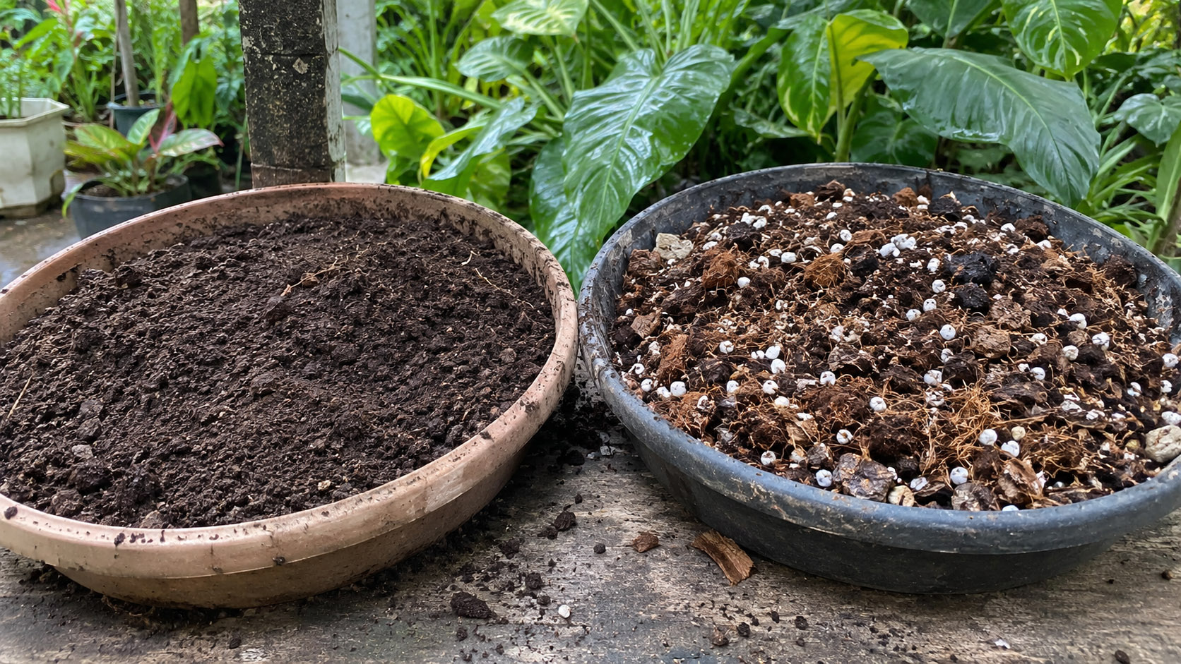 Comparison of natural garden soil and potting mix for tropical plants